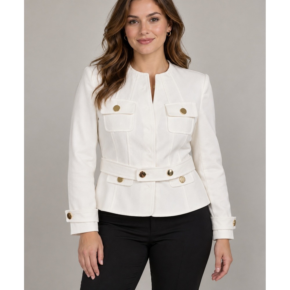 Anne Klein Suit Ivory Belted Military Jacket Gold Buttons Size 6P
